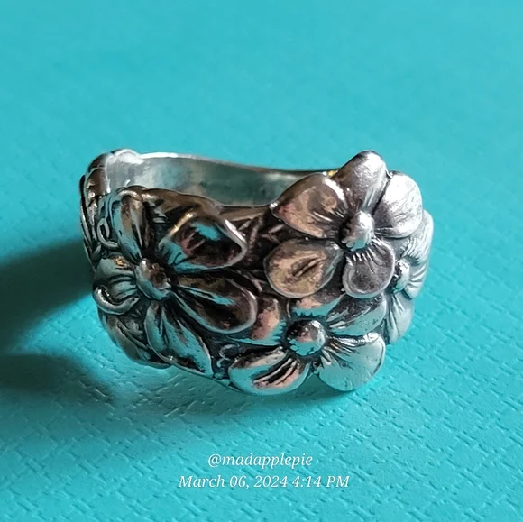 Antique Vintage Forget Me Not Spoon Ring in Sterling Silver Luxury Designer - Picture 11 of 16